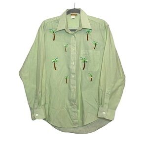 Tia Designs Women's Green & White Striped Button Down Shirt Palm Trees sz Large